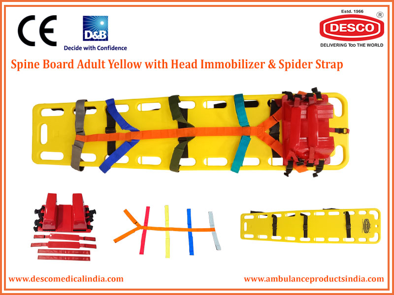 SPINE BOARD ADULT YELLOW WITH HEAD IMMOBILIZER & SPIDER STRAP